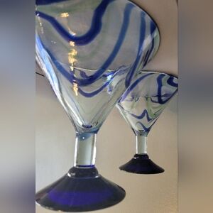 Handblown Blue Green Swirl Martini Glasses Set Of Two